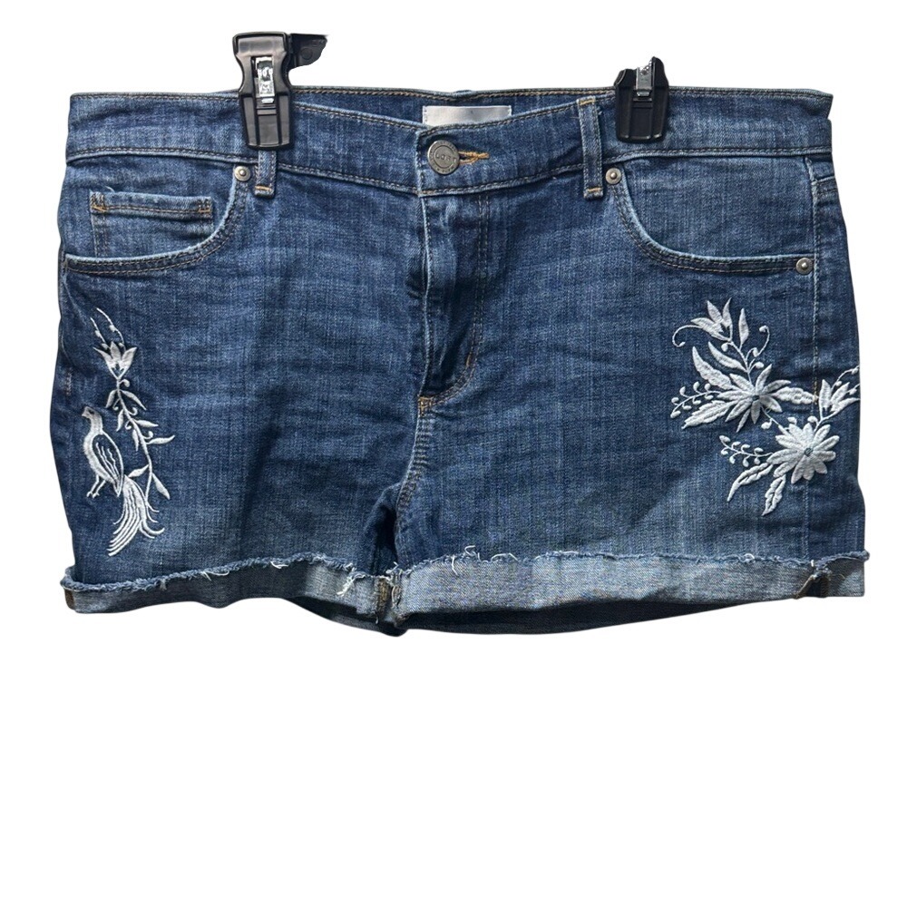 Loft Womens Embroidered Floral Bird Denim Shorts Blue Size 30 10 Raw Hem